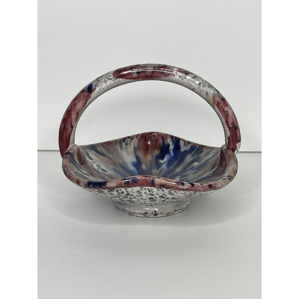 Miniature Art Pottery Handled Trinket‎ Dish Splatter Atomic Ceramic Basket